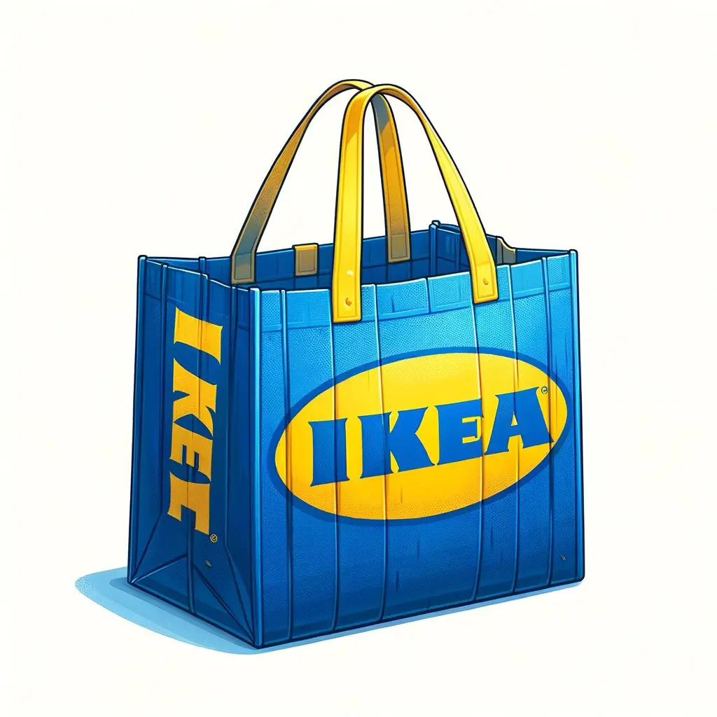 Illustration of an IKEA checkout bag. The bag is large, blue, with the iconic yellow IKEA logo. It's made of a durable, woven material, and has sturdy yellow handles. The bag is partially open, showing its spacious interior, and is placed on a simple, white background for clear visibility. 